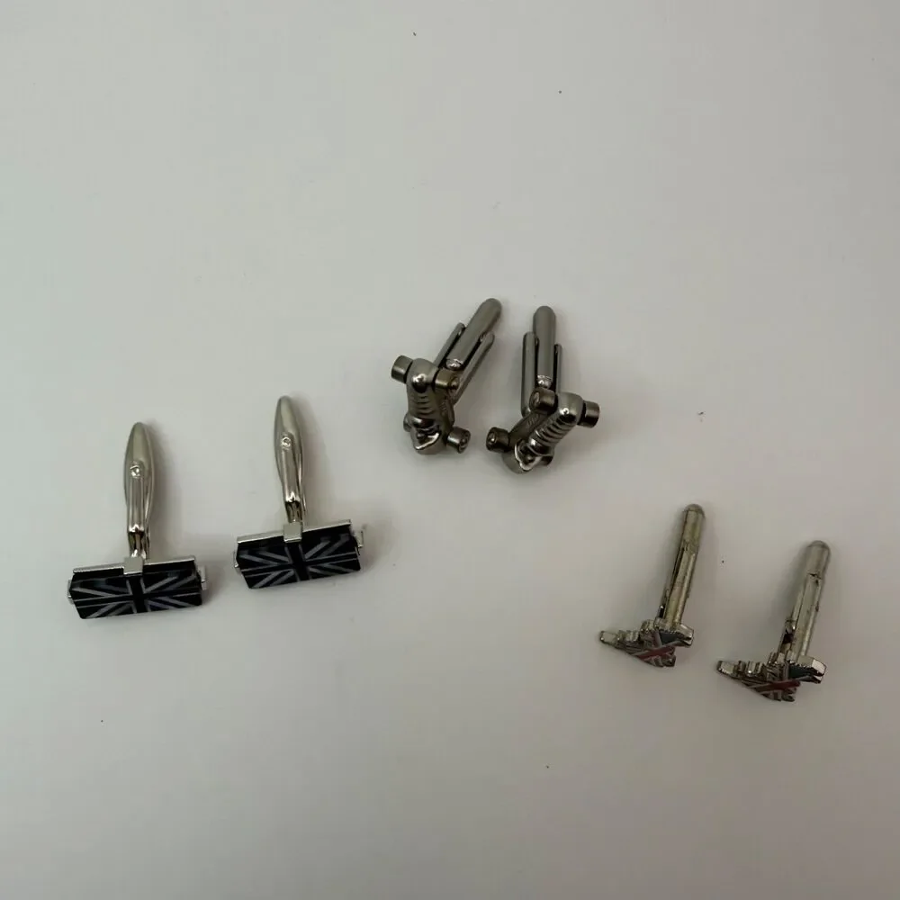 Lot 3 Mens Cufflinks British Isles Union Jack Race Indy Car Silver Tone Blue Red